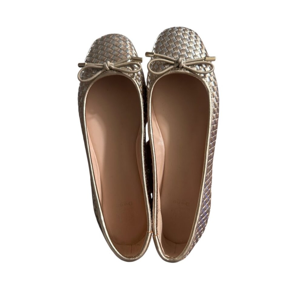 Dune London Metallic Woven Leather Ballet Flats 39 8.5 Gold Coquette Preppy Bow - Picture 2 of 10